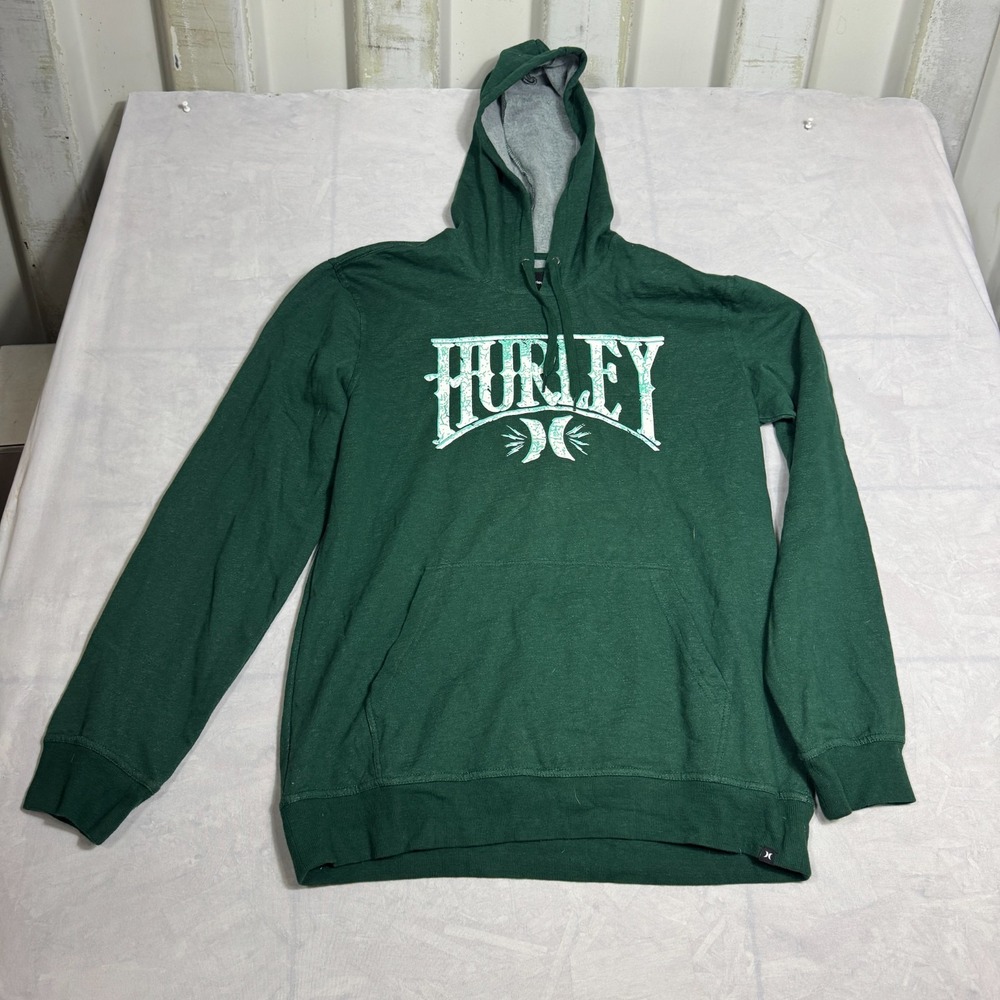 Hurley Mens Pullover Sweatshirt Green Long Sleeve Kangaroo Pocket Logo Size L